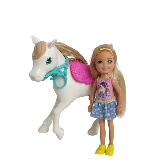 Barbie Chelsea Doll & White Pony Riding Horse Set With Pink Saddle & Blue Bridle - Picture 1 of 6